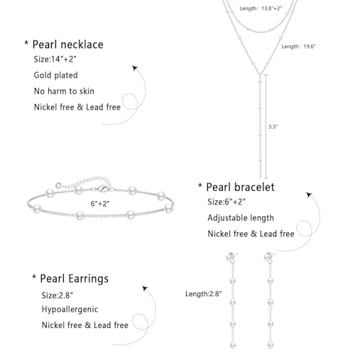 Image of Zeffy Gold Pearl Necklace for Women, Dainty 14K Gold /Silve Plated Layered Pearl Choker Pearl Earrings Pearl Bracelets Wedding Trendy Gold Jewelry Set for Women Gifts