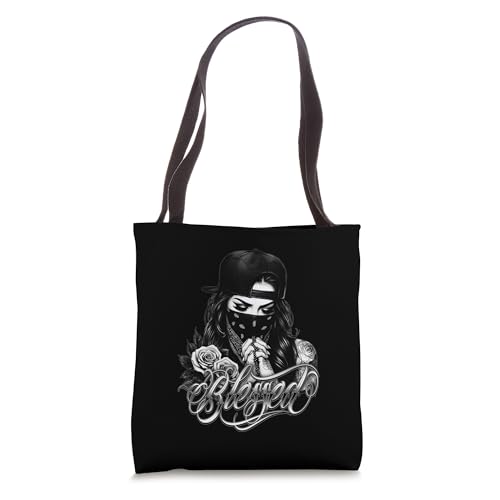 Bolsa tote BLESSED con arte tatuaje chicano, rosa chola, cholo, chicana y mexicana miniatura 1