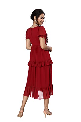 Image of Miss Chase Women's Maroon V-Neck Puff Sleeve Solid Tiered Ankle-Length Dress