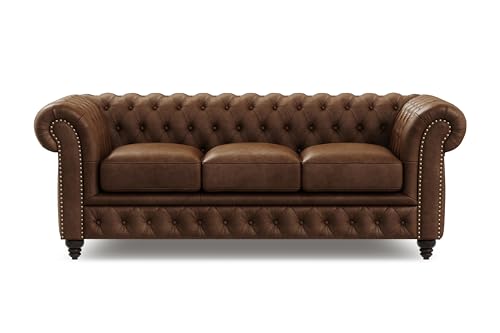 Valencia Parma Chesterfield 3 Seater Sofa 82' | Premium Full-Aniline Leather | Mid-Century Leather Couch with Classic Button Tufted Back, Wood Legs for Living Room, Chocolate