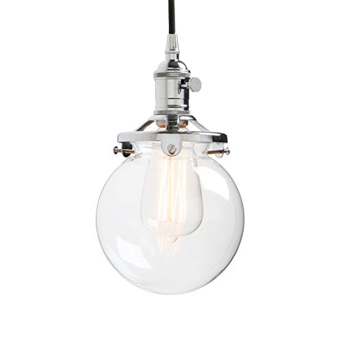 Permo Vintage Industrial Pendant Light Fixture Mini 5.9" Round Clear Glass Globe Hand Blown Shade (Chrome)