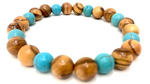 Preisvergleich Produktbild Armband aus echten Olivenholzperlen mit türkis eingefärbten Olivenholz handgemacht - Spanien - Naturprodukt - Stretch