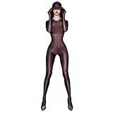 LESOYA Women's See Through Sheer Bodystocking Silky Shiny Bodysuit Catsuit with Gloves Hood