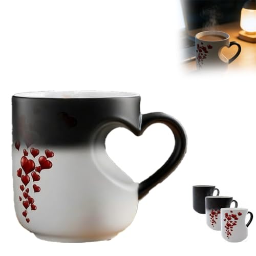Heart Shaped Color Changing Magic Ceramic Mug, Temperature Activated Reveals Red Hearts with Hot Drinks, Heart Handle Design for Coffee Tea, Gift for Birthday Anniversary Christmas(1PC)