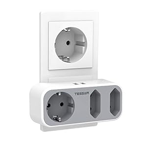 Doppelstecker für Steckdose, TESSAN 5 in 1 Mehrfachsteckdose mit 2 USB, Mehrfachstecker für Steckdose, Steckdosenadapter 3fach mit USB Ladegerät Kompatibel mit Phone, Laptop, Grau