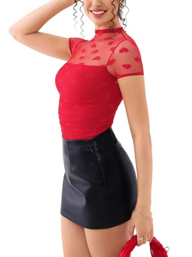 Image of REORIA Women's Sexy Mock Turtle Neck Short Sleeve Shirts Sheer Mesh Ruched Trendy Going Out Bodysuits Tops