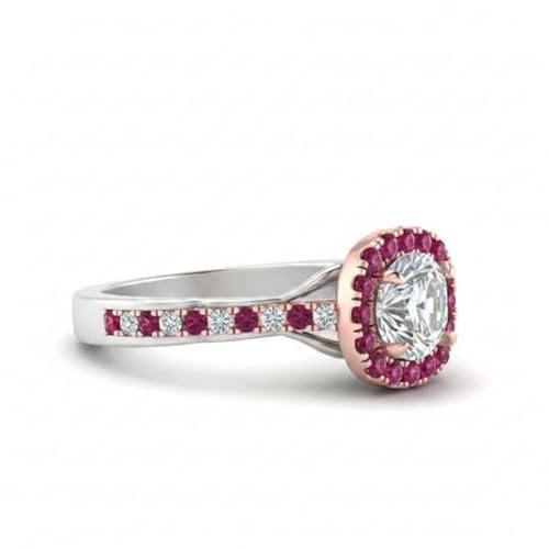 Image of Choose Your Gemstone Cathedral Halo Two Tone Engagement Ring 925 Sterling Silver Round Shape Halo Engagement Rings Lightweight Office Wear Everyday Gift Jewelry US Size 4 to 12