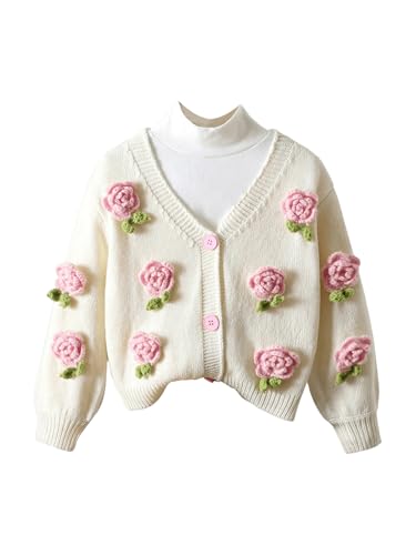 GORGLITTER Girl's Cute Cardigan 3D Floral Colorful Button Down Long Sleeve Knitted Sweater Fall Tops