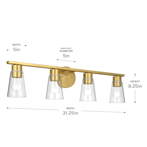 Image of Kichler Stamos 31.25 inch 4-Light Soft Modern Vanity Light with Clear Glass in Brushed Gold, (8.25 inch H x 31.2 5 inch W), 55122BGCLR