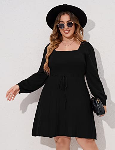 Image of Women's Plus Size Casual Sweater Dress Square Neck Long Lantern Sleeve Tie Waist Loose Pullover Sweater Dresses