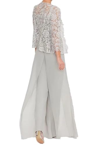 3 Pieces Mother of The Bride Pant Suits for Women with Jacket Lace Chiffon Long Sleeve Formal Evening Outfit3
