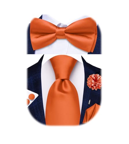 Image of Hi-Tie 5Pcs Mens Solid Color Silk Tie Satin Pretied Bowtie Lapel Pin for Men Handkerchief Cufflink Wedding Gift Box
