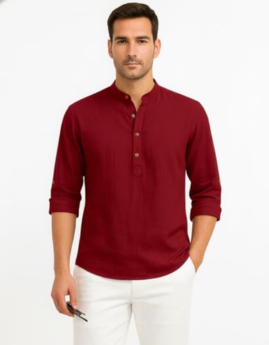 Image of Zombom Men's Cotton Blend Kurta Shirt with Full Sleeves Mandarin Collar Neck Solid Pattern for Men Regular Fit Ethnic Wear Casual Festive Top Modern Style | Cotton Shirt for Mens