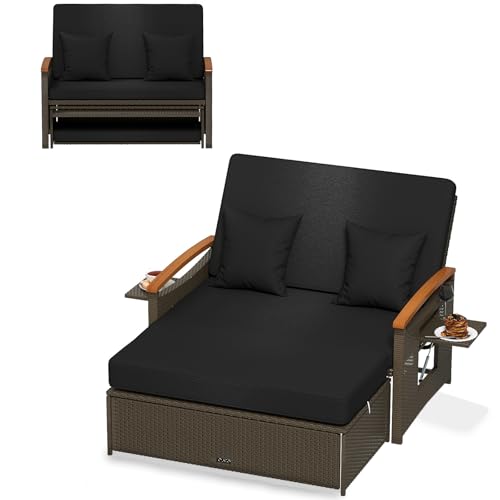 COSTWAY Sofa Exterior de Ratán con Reposapiés de Almacenamiento, 2 Plazas Tumbona Acolchado, Cama Respaldo Ajustable de 4 Niveles, Bandejas Laterales Retráctiles (Negro)