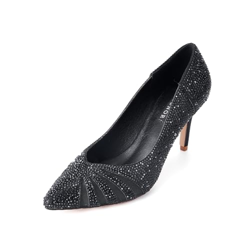 Image of ERIJUNOR E2406 Women Pumps Comfortable Mid Heel Sparkly Rhinestone mesh Evening Prom Wedding Shoes