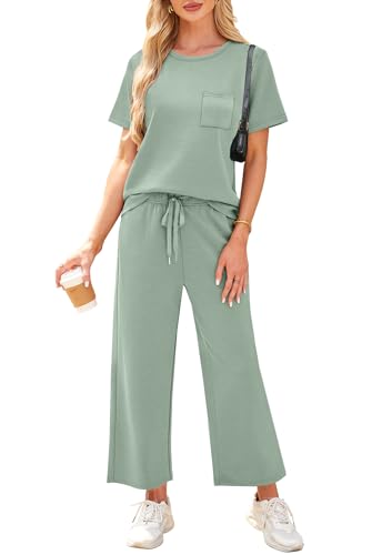Image of WIHOLL 2 Piece Sets for Women Casual Summer Travel Vacation Outfits Short Sleeve Wide Leg Crop Pants Lounge Sets