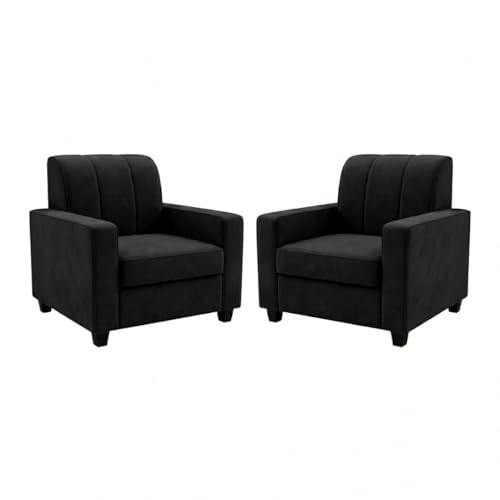 Image of FURNY Cosmos 3 Seater + 1 Seater + 1 Seater Fabric Sofa Set (Black) with Velvet Finish | Durable Comfort | Ideal for Living Room