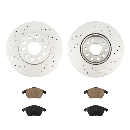 Image of KAX Front Brake Kit, Drilled and Slotted Brake Rotors, Ceramic Brake Pads | Fits Volkswagen Jetta 2005-2014, Eos 2009-2012, Golf 2010-2011, Audi A3 2009-2013, A3 Quattro 2009-2010