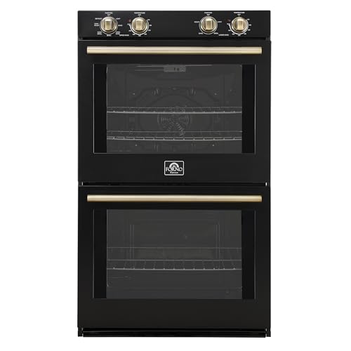 Forno Vomero 30-Inch Double Wall Oven, 10 cu.ft Total Capacity, 7100W Electric Convection with Manual Steam Clean & Mechanical Controls, Includes Both Antique Brass Stainless Steel Handles - Black