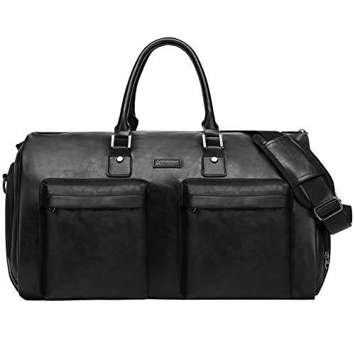 Modoker Bolsa de ropa de cuero convertible, bolsas de viaje para ropa, impermeable, bolsa de lona, regalos para hombres, mujeres, negocios, 2 en 1, maleta colgante, traje, bolsas de viaje, color negro