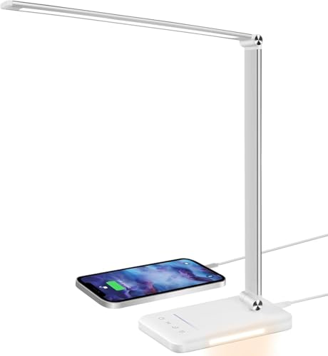 BIENSER Schreibtischlampe LED Dimmbar - 560LM Bürolampe Desk Lamp mit 5 Farbmodi & 10 Helligkeitsstufen, Schreibtisch Lampe mit Nachtlicht, USB-Anschluss, Memory-Funktion & Auto Timer, 10W - Weiß