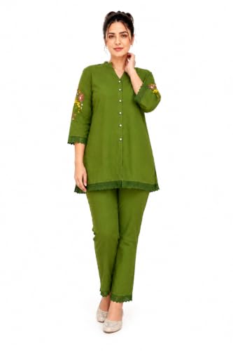 Women's Pure Cotton Co-Ord Set, Green Kurta with Pant, Floral Embroidered 3/4 Sleeve, Stylish Pocket Design
