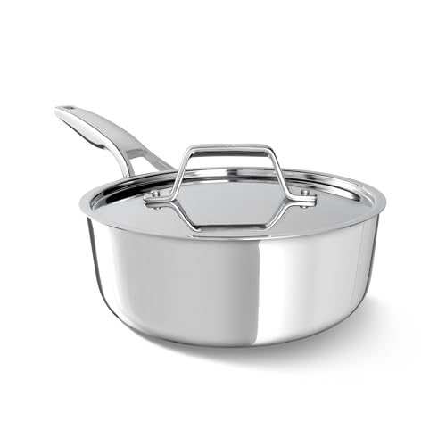 Image of Calphalon Premier Polished 5-Ply Stainless Steel Cookware w /Turbo Heat Tech 2.5Qt Chef's Pan with Lid, Induction, Oven Safe 500F, PFOA Free, Polished Stainless Silver