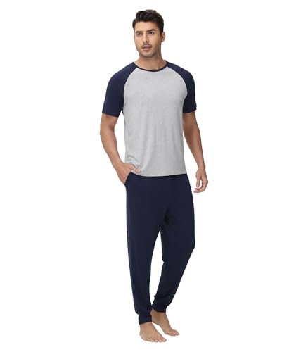 WiWi Mens Pajama Set Short Sleeve Tee Jogger Pants with Pockets Sleepwear Raglan Nightwear Soft Pjs Sets S-XXL