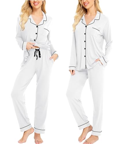 Image of SWOMOG Womens Pajamas Set Long Sleeve Sleepwear Button Down Nightwear Soft Cotton Pj Lounge Sets
