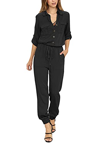 Womens Casual Rompers Lapel Collar Button Down High Waist Long Pants Jumpsuit Overalls Black L
