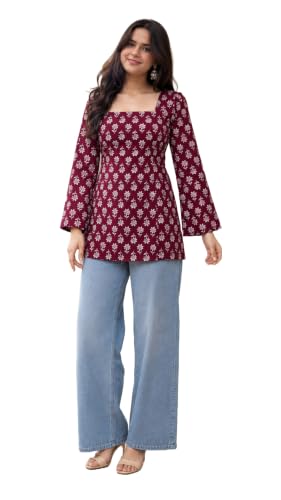 Image of Women's Floral Printed Cotton Kurti Summer Cotton Tunic Top for Girls