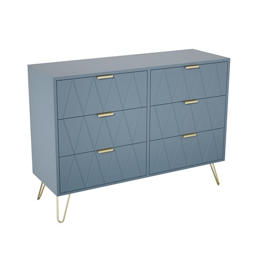 UEV Cajonera 6 Cajones, Cómoda de Madera, Cajonera Ahorro de Espacio para Dormitorio, Salón, 100 x 34 x 73cm, Azul Gris