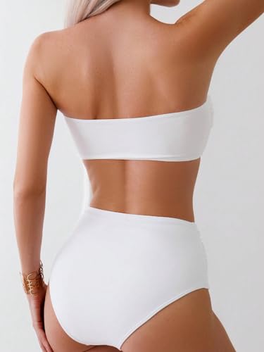 OYOANGLE Women's 3D Flower Ruched Strapless Bandeau Swimsuit Two Piece Mid Rise Bathing Suits4