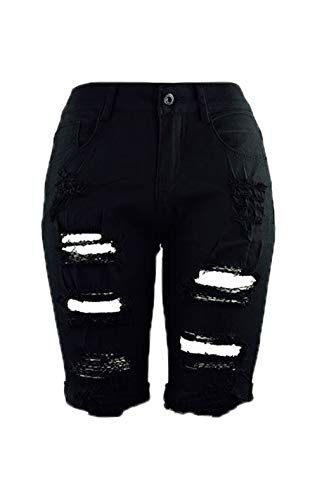 Elonglin Women's Ripped Denim Shorts High Waist Knee Length Skinny Crimping Jeans Shorts Black UK 12(Asie L)