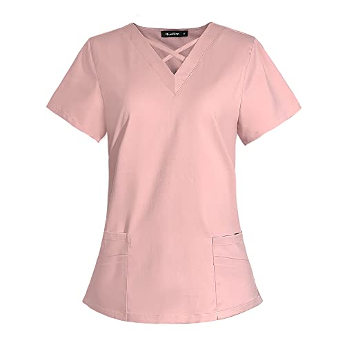 niaahinn Women Scrubs Top Workwear New Design Stretch V-Neck Professionals Medical Uniforms with Pocket (Pink,M,Medium)