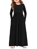 Haloumoning Girls Maxi Dress Long Sleeve Casual Holiday Dress with Pockets for 5-14 Years Black