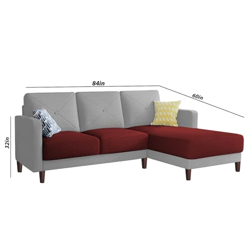 Image of Baloney RHS 4 Seater L Shape Sofa Set for Living Room (Maroon Grey Fabric) Premium Fabric Sofa