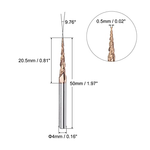 Image of uxcell Tapered Ball Nose End Mill, TiSiN Coated Solid Carbide 2 Flute Spiral Milling Cutter, 0.25mm Radius, 0.5mm Diameter, 4mm Shank, 50mm Length, 9.76 Degree Angle