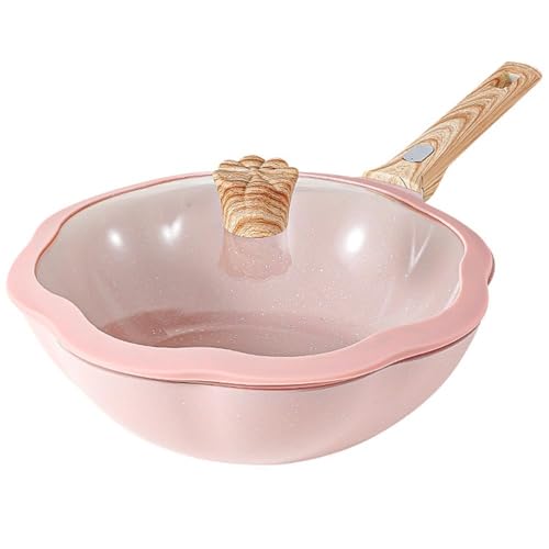 Woks & Stir-Fry Pans 11.8 Inch Nonstick Wok and Stir Fry Pan With Lid, Flower Shape Scratch Resistant Flat Bottom Nonstick Wok, Granite Stone Coating Deep Frying Pan with Free-standing Lid, for All St