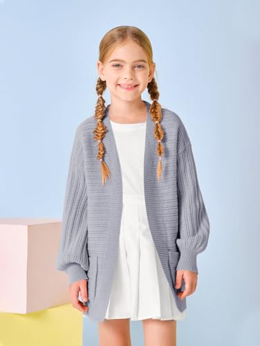 Image of Haloumoning Kids Girls Open Front Cardigan Sweaters Long Sleeve Cable Knit Fashion Clothes with Pockets 5-14 Years