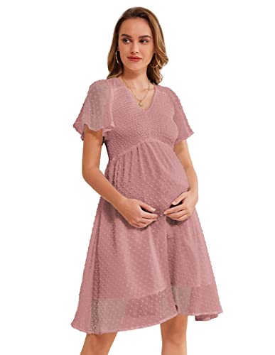 Robe de Maternité Élégante en Col V à Pois Suisses pour Mariage Soirée Plage Robe de Grossesse d'allaitement à Corsage Smocké Rose Clair-XL Cover