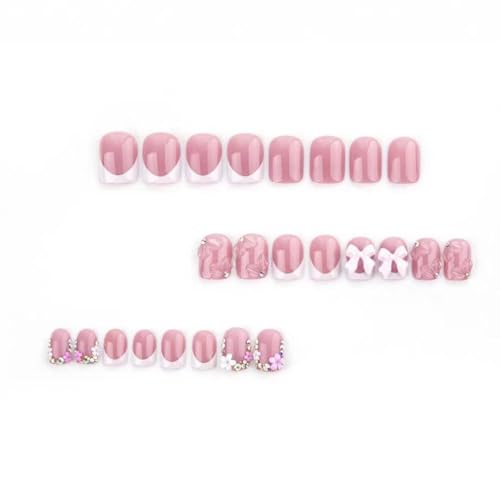 Image of Pink Press on Nails Flower Fake Nails Bow Rhinestone Glue on Nails with 5D Floral Design Short Square Stick on Nails Glossy Reusable Artificial Acrylic Full Cover False Nails for Women Manicure 24Pcs