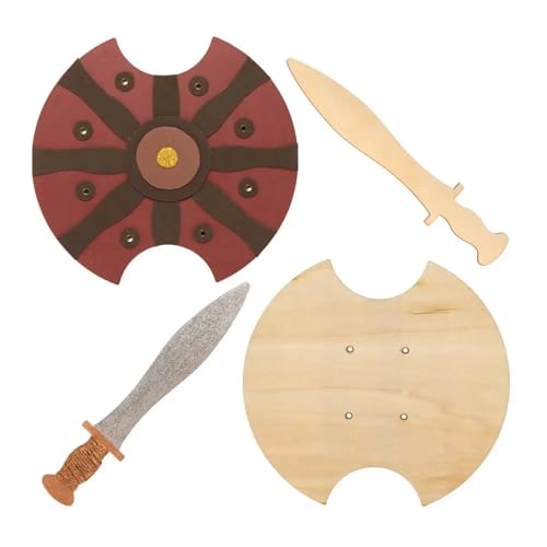 Incluso nella confezione: Set artigianale di spada e scudo in legno per bambini per decorare e divertirsi. Scudi con elastico. Gli scudi misurano 25 x 27 cm (9,8 x 10,6 pollici) e le spade misurano 28,5 cm (11,2 pollici) di lunghezza.