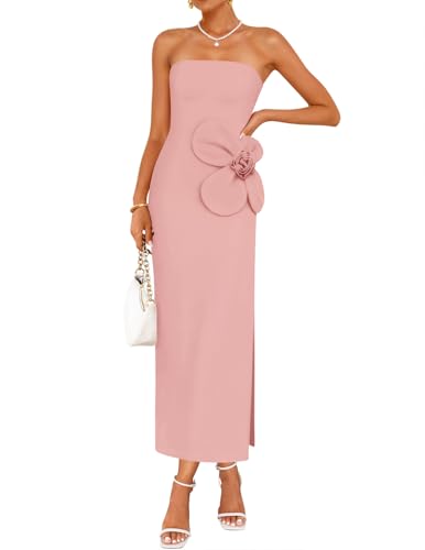 Image of ZESICA Womens Summer Cocktail Strapless Maxi Dress 2026 Formal Bodycon Backless Floral Tube Wedding Guest Party Long Dresses