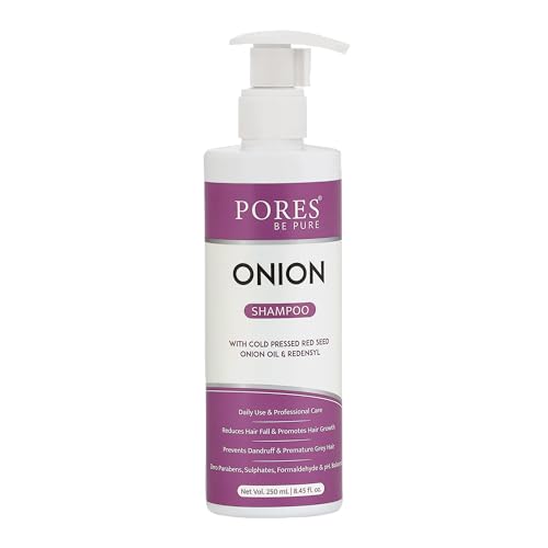 Image of PORES Be Pure Onion Shampoo with Redensyl | Cold Pressed Red Seed Onion Oil for Hair Fall Control, Dandruff & Hair Growth | Nourishing Shampoo for Dry, Damaged Hair | For Men & Women - 250 ml