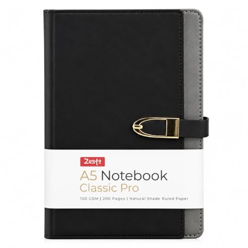 Image of Zesto A5 Notebook Classic Pro | 14.8 x 21 CM | 100 GSM | PU Leather Cover | 200 Natural Shade Ruled Pages | Journal for Writing, Office Diary, Gift for Father, Brother, Teacher | 1032 - Black
