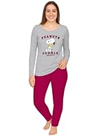 The Peanuts Snoopy Schlafanzug für Damen - Cuddle Society Pyjama Set Langarm Oberteil mit Hose Grau/Rot (DE/NL/SE/PL, Alphanumerisch, M, Regular, Regular, Grau/Rot)