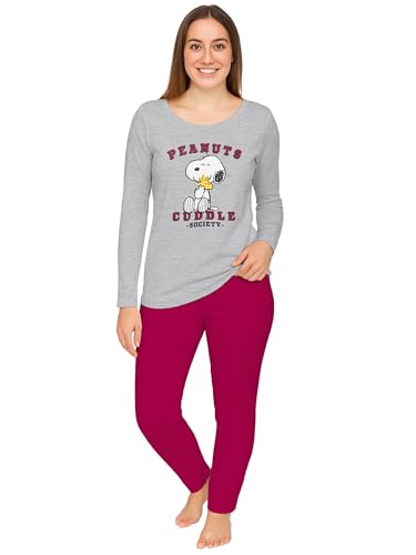 The Peanuts Snoopy Schlafanzug für Damen - Cuddle Society Pyjama Set Langarm Oberteil mit Hose Grau/Rot (DE/NL/SE/PL, Alphanumerisch, L, Regular,...