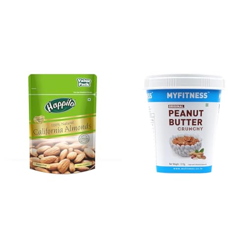 Image of Happilo 100% Natural Premium California Dried Almonds 500g Pack Pouch & MYFITNESS Original Peanut Butter Crunchy 510g | 25g Protein to Boost Energy