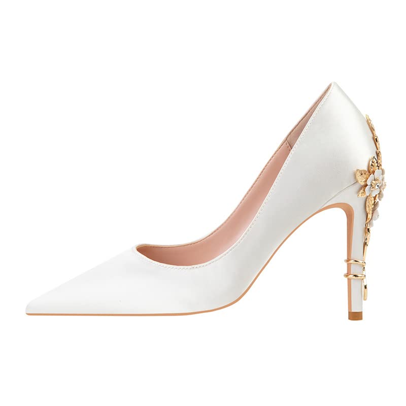 ChaiRong Zhou Women's Sexy High Heels Fashion Metal Flower Stiletto Heel Wedding Shoes Satin Pointed Toe Dress Evening Pumps4